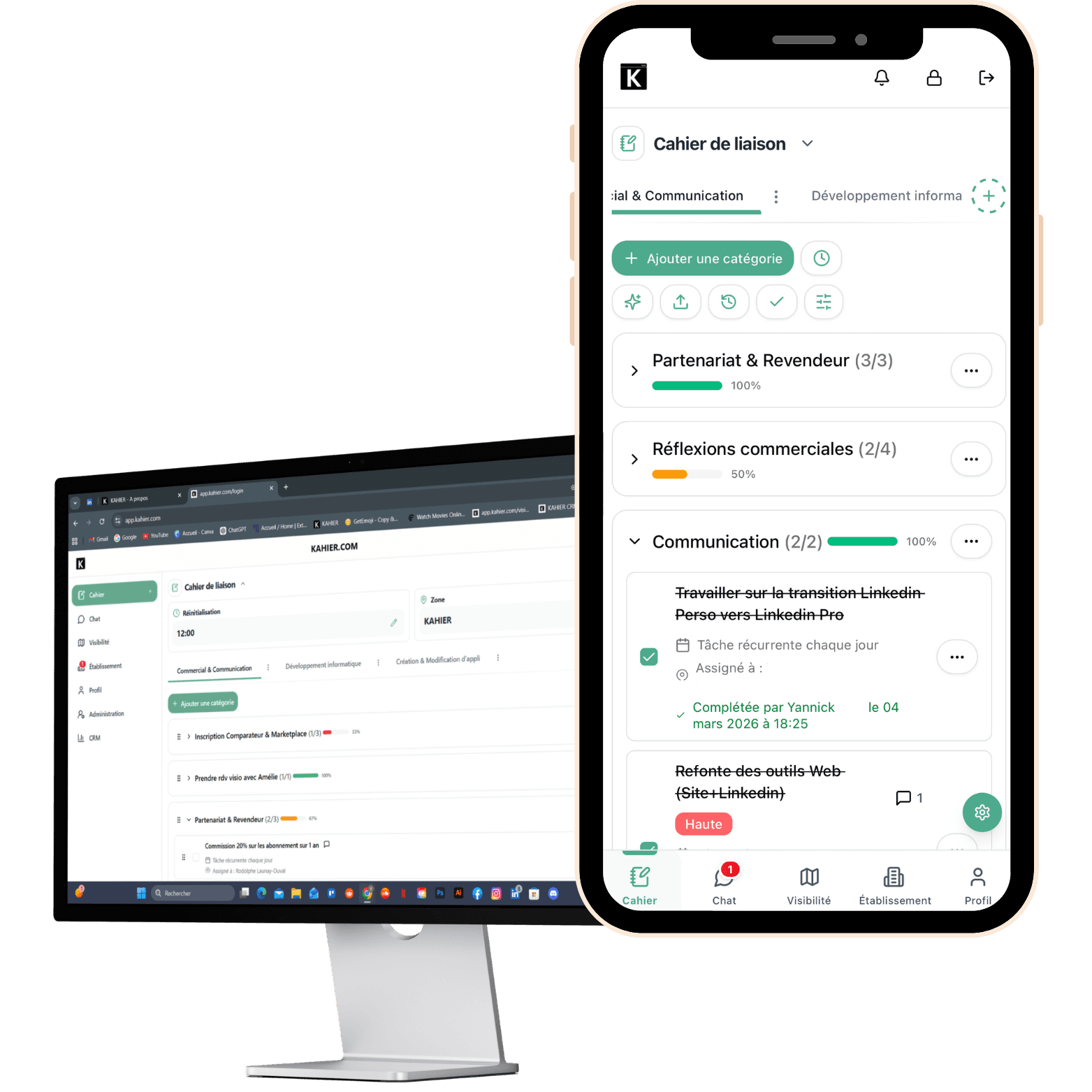 Aperçu de l’application KAHIER sur ordinateur et mobile